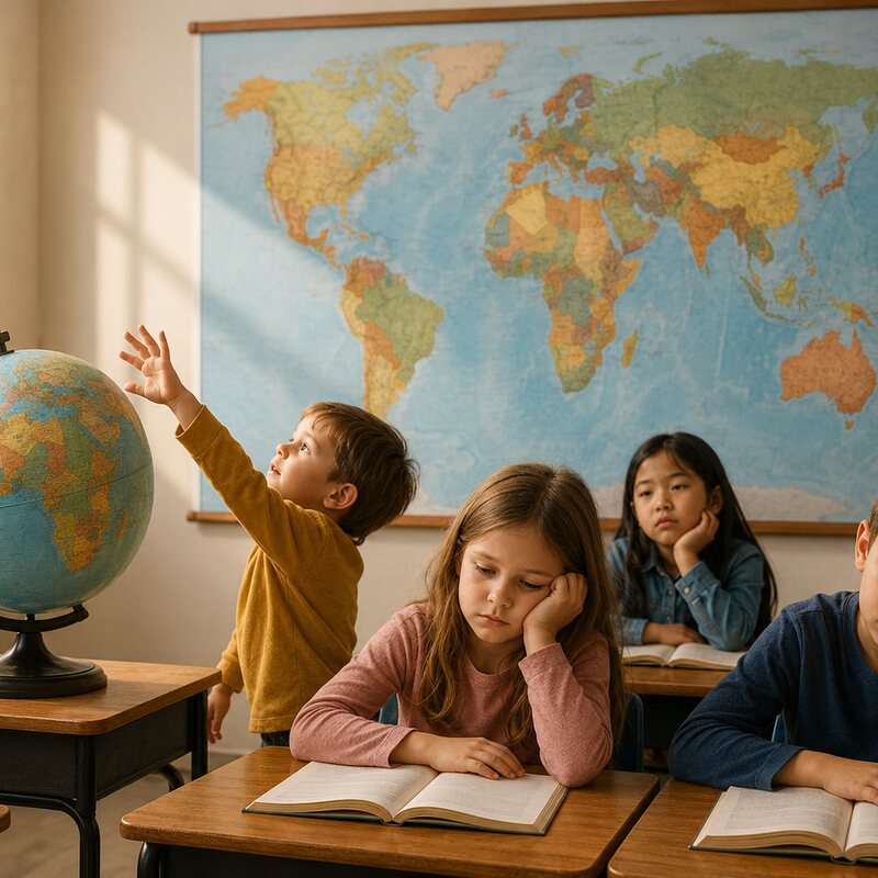 A child placing a continent block into the globe